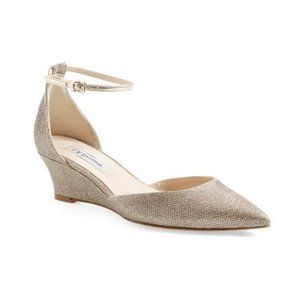 L.K. Bennett Alex Ankle Strap Pump Leather Pointed Toe Metallic Short Wedge - 7